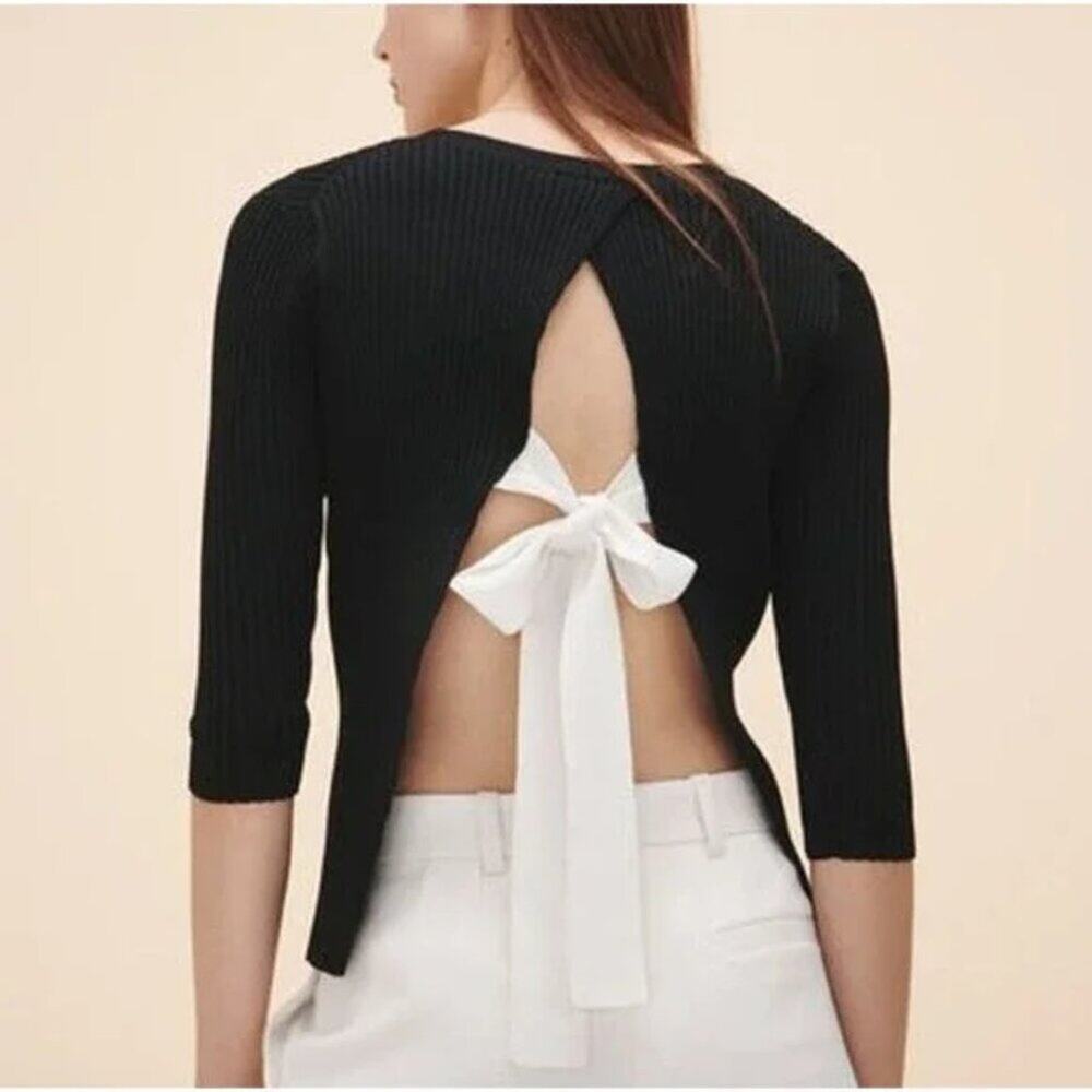 Maje Meely Black Ribbed White Open Back Tie Crewneck Sweater Pullover sz 3, US L
